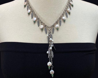 Antiqued Silver Feather and Pearls Cascading Bohemian Style Necklace