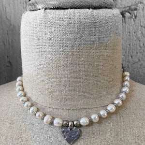 Three Strand Matte Silver and Pearl Necklace, Layered Look Necklace Short Pearl Heart