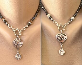 Celtic Knot Front Closure Hand Knotted Crystal Pendant Necklace, Choice of Two Styles