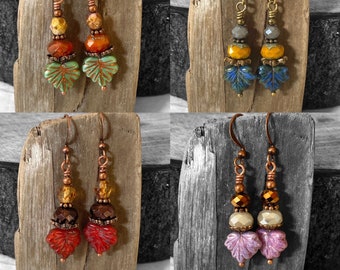 Falling Leaves Autumn Theme Dangling Czech Glass Earrings, Choice of Four Colors