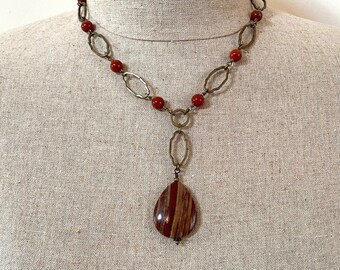 Red Jasper and Antiqued Brass Link Pendant Necklace