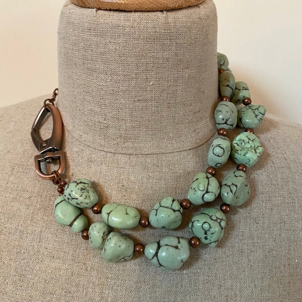 Big and Bold Side Closure Turquoise-Colored Nugget Necklace, Large Swivel Hook Necklace, Two Strand Nugget Necklace, Statement Necklace