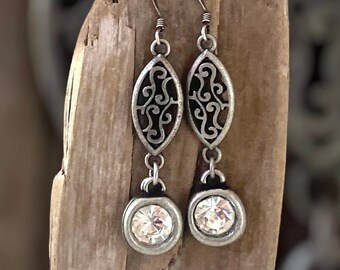 Antiqued Silver Dangling Crystal Earrings