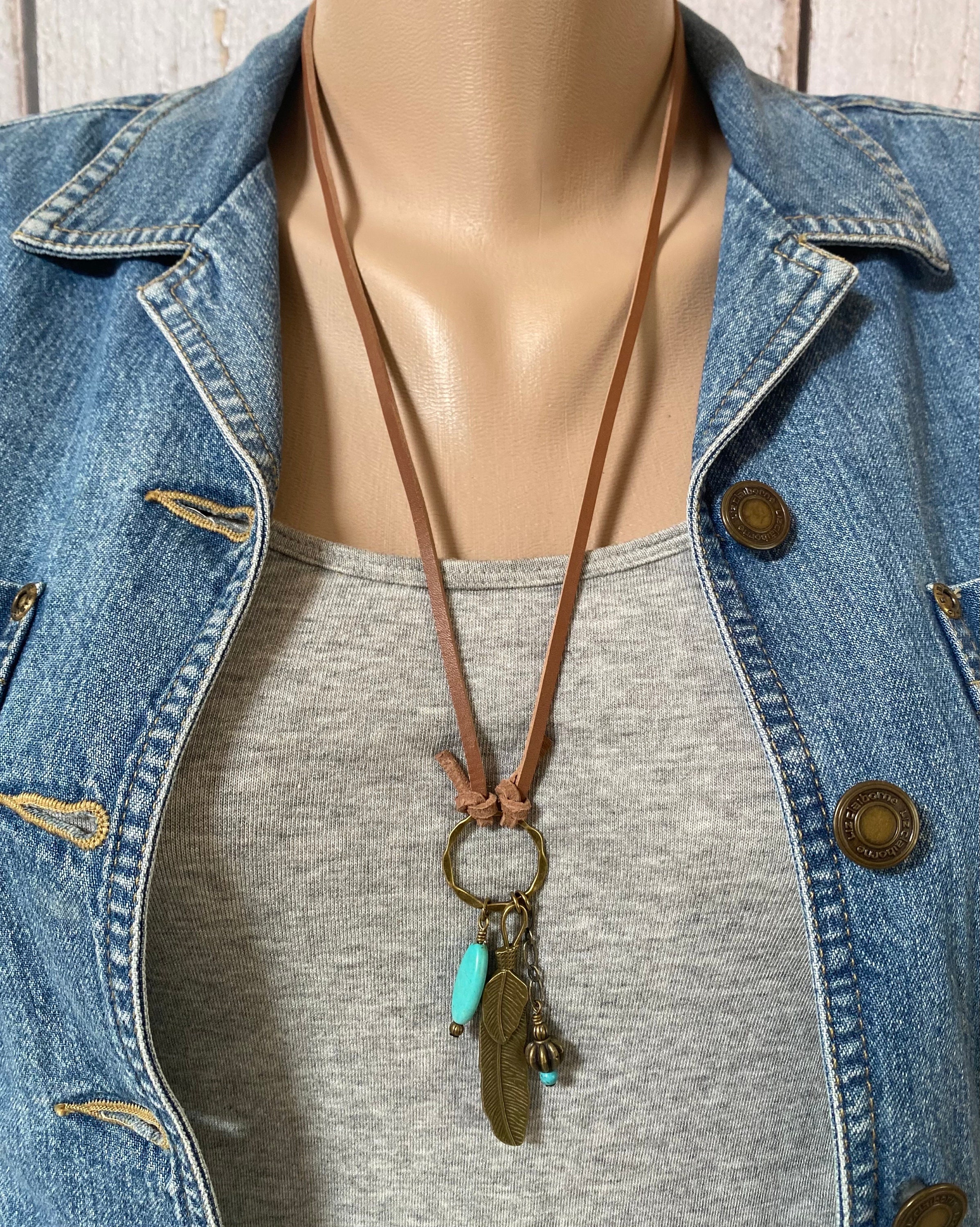Unisex Antique Brass or Copper Feather Pendant Leather Cord