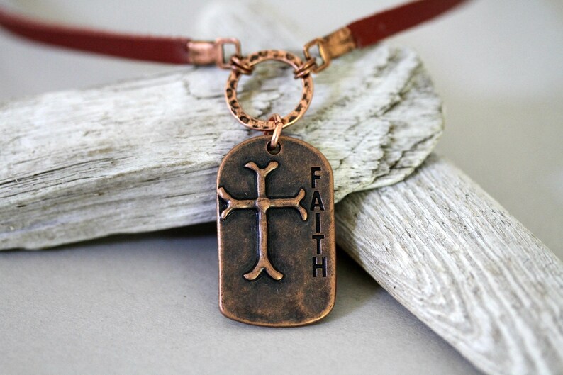 Men's Leather Cord Antiqued Copper Cross Necklace, Religious Faith Necklace, Affirmation Necklace, Masculine Necklace, Dog Tag Neckkace image 7