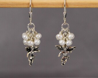 Pendientes de ángel de plata de ley: pendientes colgantes de perlas de agua dulce