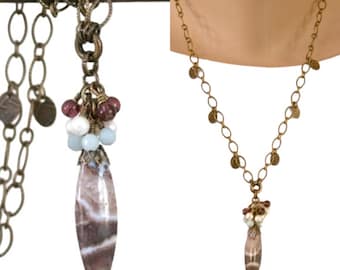 Purple Lace Agate,Pendant Necklace,Purple and Blue Necklace,Dangling Necklace,Vintage Inspired,Antiqued Brass