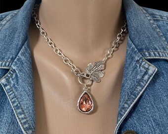 Vintage Rose Colored Teardrop Pendant Necklace