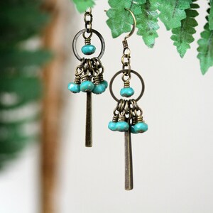 Turquoise Earrings, Antiqued Brass, Dangling Earrings, Brass and Turquoise, Blue Earrings, Long Earrings, Bohemian Earrings, Boho Jewelry