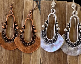 Dangling Antiqued Silver or Copper Big and Bold Metal Earrings