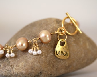 Champagne and White Pearl Bracelet, Inspirational Jewelry, Inspirational Bracelet, Gold and Tan, Toggle Bracelet