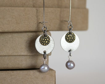 Mixed Metal Antiqued Silver and Brass Dangling Pearl Earrings