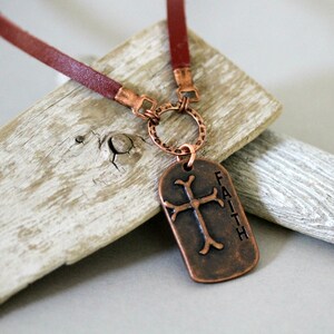 Men's Leather Cord Antiqued Copper Cross Necklace, Religious Faith Necklace, Affirmation Necklace, Masculine Necklace, Dog Tag Neckkace image 3