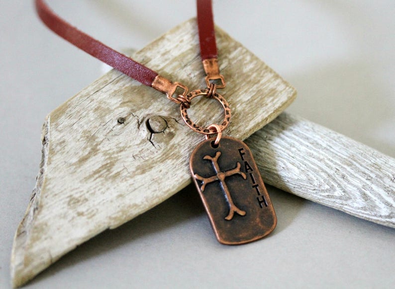 Men's Leather Cord Antiqued Copper Cross Necklace, Religious Faith Necklace, Affirmation Necklace, Masculine Necklace, Dog Tag Neckkace image 3