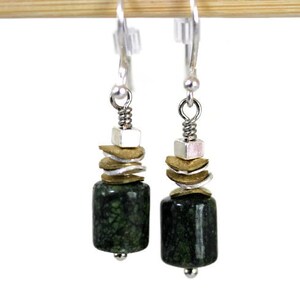 Green Lizardite Gemstone Earrings: Mixed Metal Dangle Earrings