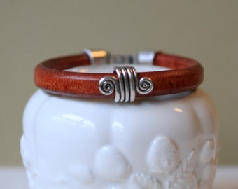 Unisex Thick  Leather and Silver Plated Tube Bead Bracelet With Hook Clasp Available in Three Colors