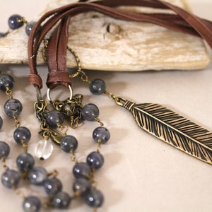 Lolite Rosary Necklace: Brass Feather Pendant, Boho Y Necklace