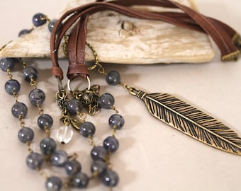 Deep Blue Lolite Gemstone Rosary Style Feather Pendant Necklace, Y Necklace, Boho Jewelry, Bohemian Necklace