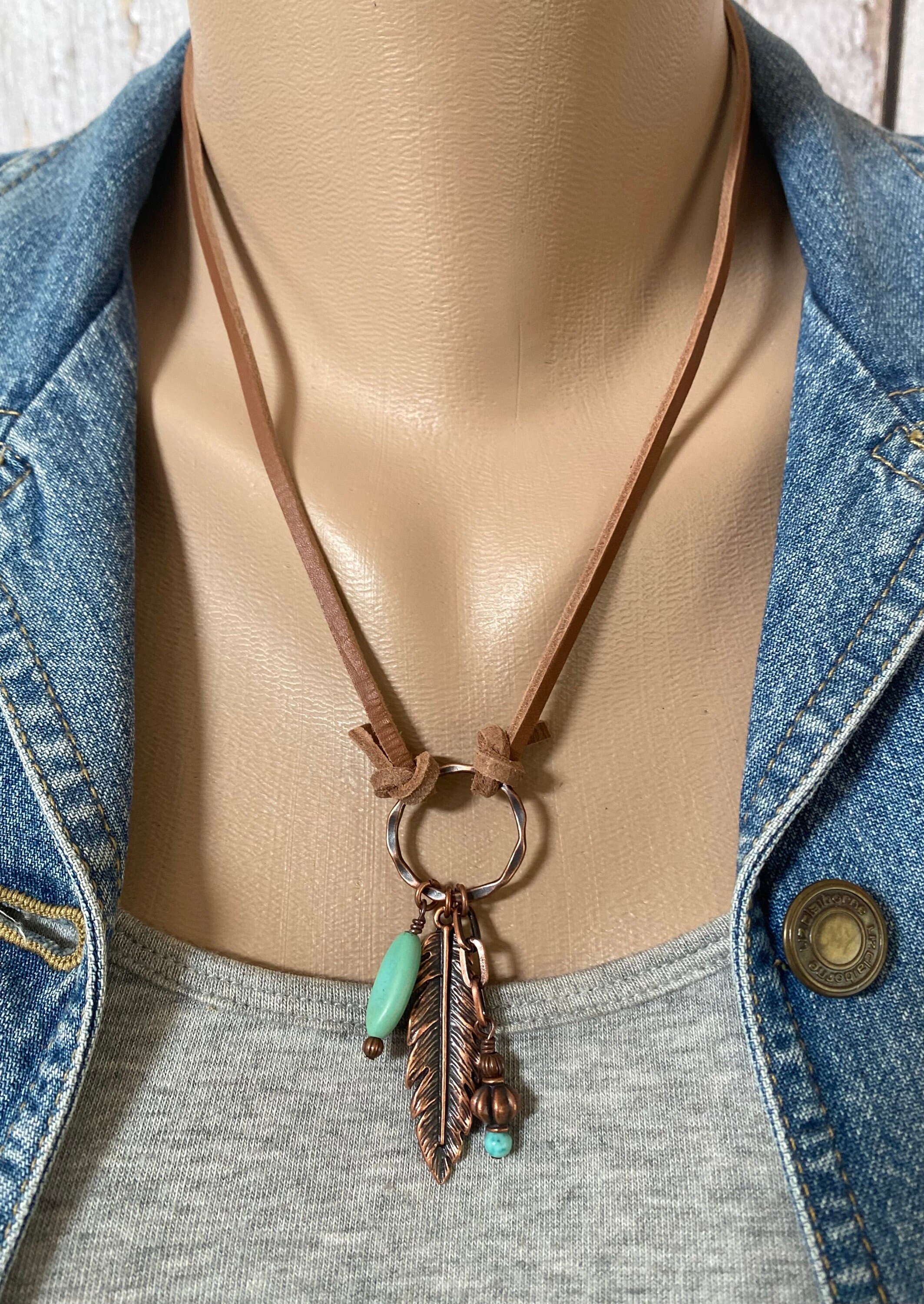 Unisex Antique Brass or Copper Feather Pendant Leather Cord