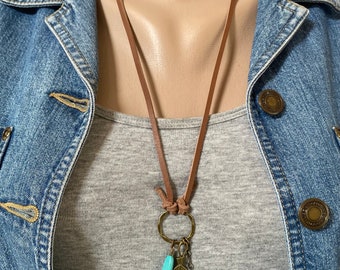 Unisex Antique Brass or Copper Feather Pendant Leather Cord