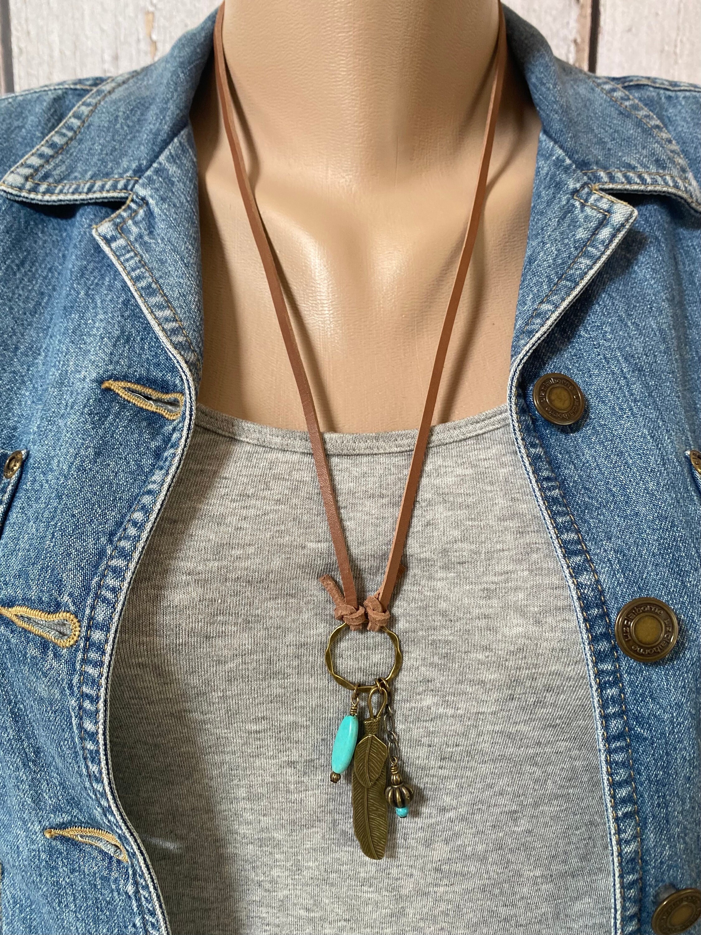 Unisex Antique Brass or Copper Feather Pendant Leather Cord