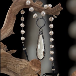 Long Freshwater Pearl and Soldered Crystal Pendant Necklace