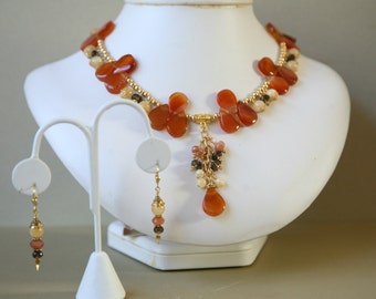 Burnt Orange, Yellow and Brown Gemstone Dangling Cascading Necklace FREE Matching Earrings