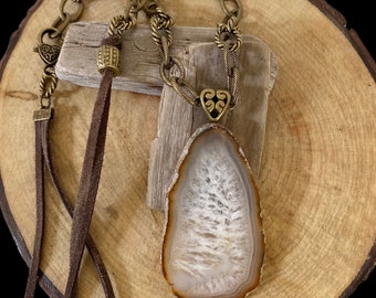 Large Quartz Geode Pendant Leather Cord Long Necklace, Bohemian Jewelry