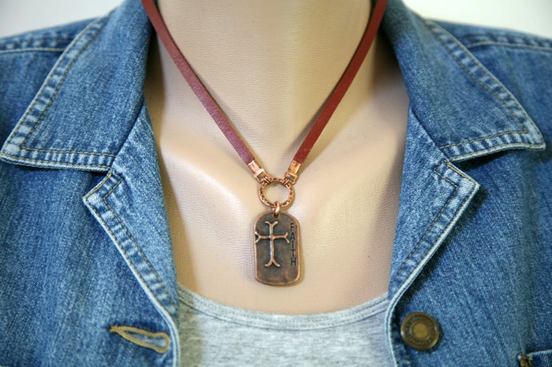 Men's Leather Cord Antiqued Copper Cross Necklace, Religious Faith Necklace, Affirmation Necklace, Masculine Necklace, Dog Tag Neckkace image 8