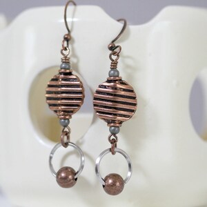Antiqued Copper Dangle Earrings: Mixed Metal Silver Ring