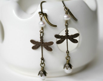 Antique Brass Long Dangling Dragonfly and Pearl Earrings