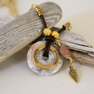 Jasper Donut Necklace: Peach, Grey Gemstone, Leather Cord