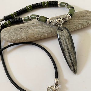 Men’s Charcoal Grey And Wood Bead Pendant Necklace, Masculine Jewelry, Men’s Jewelry