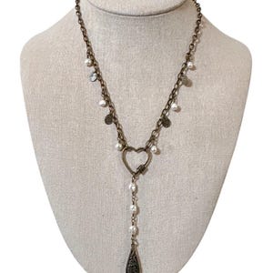 Rosary Style Vintage Inspired Dangling Pearl Antique Brass Teardrop Pendant Necklace