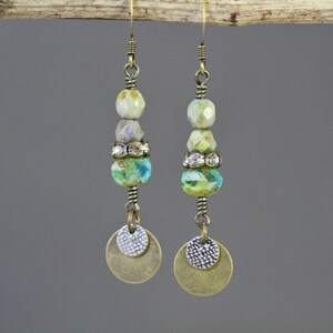 Mixed Metal Dangling Earthtone Earrings, Czech Glass Earrings, Antiqued Brass Earrings, Mixed Metal Earrings, Bohemian Earrings