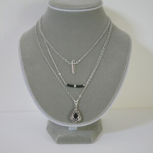 Three Strand Black Onyx Sterling Silver Pendant Clear Quartz Minimalist Understated Necklace