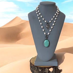 Layered Two Strand Freshwater Pearl and Soldered Turquoise Pendant Necklace