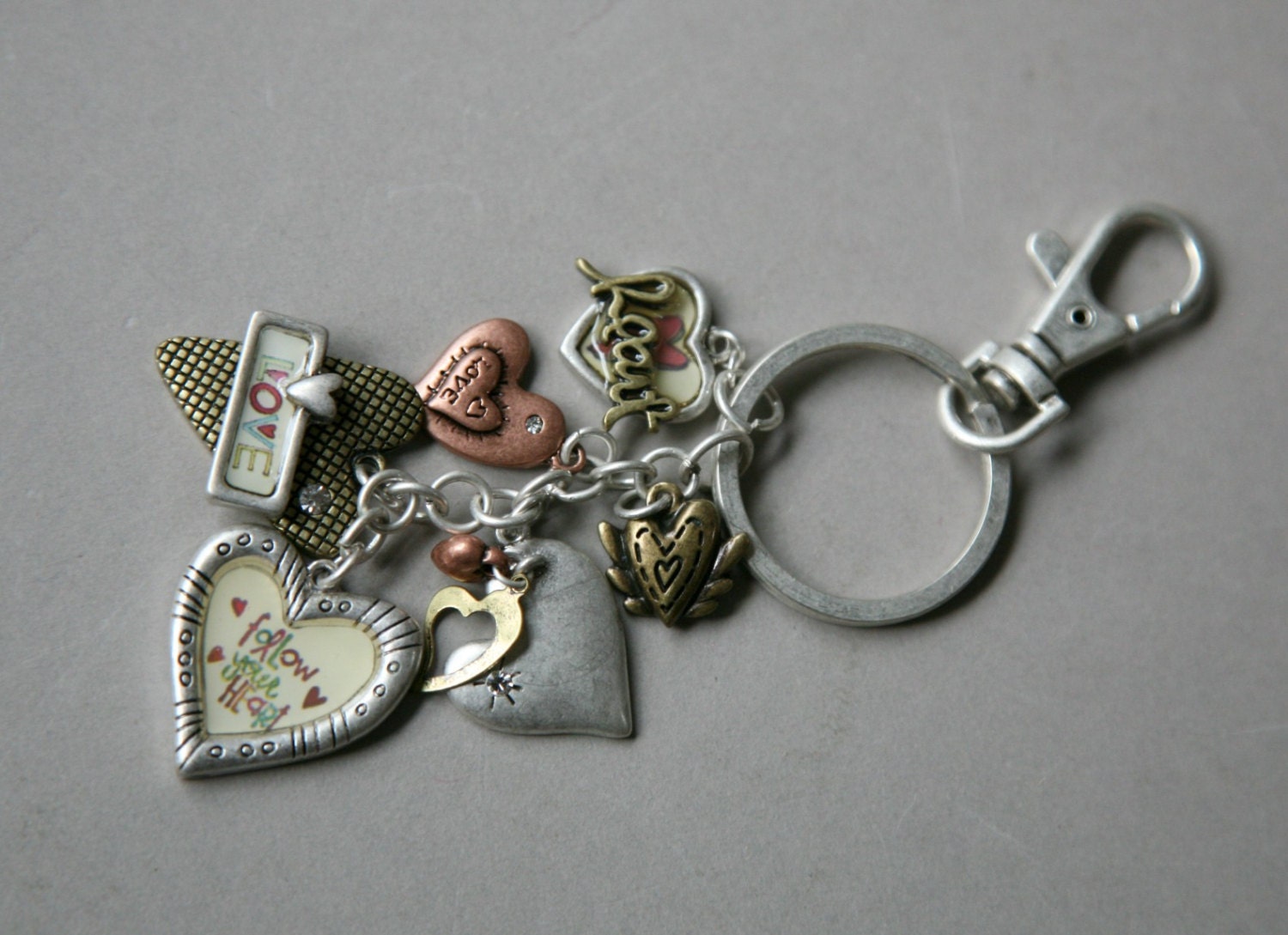 Mixed Metal Heart Charm Key Ring Dangling Heart Key Ring Etsy UK