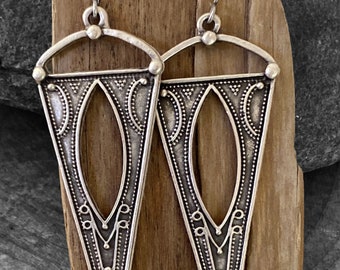 Antiqued Pewter Long Drop Earrings, Bohemian Jewelry