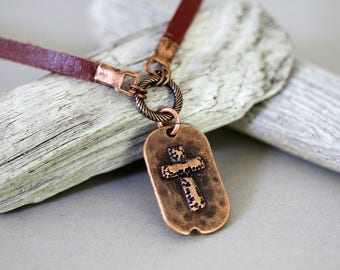 Hammered Copper Cross Necklace: Leather Cord Religious Jewelry
