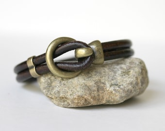 Men's Leather Bracelet: Chocolate Brown or Black, Antiqued Hook Clasp