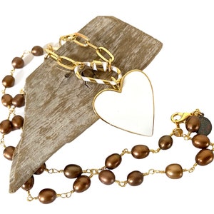 White Enamel Heart Necklace: Brown Pearl Carabiner Clasp, Gold Chain