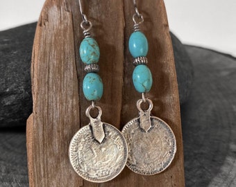 Dangling Turquoise Matte Silver Disc Earrings