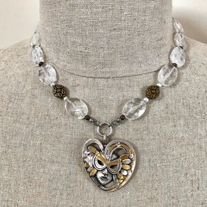Masquerade Pendant Necklace: Mixed Metal, Clear Quartz, Statement Jewelry