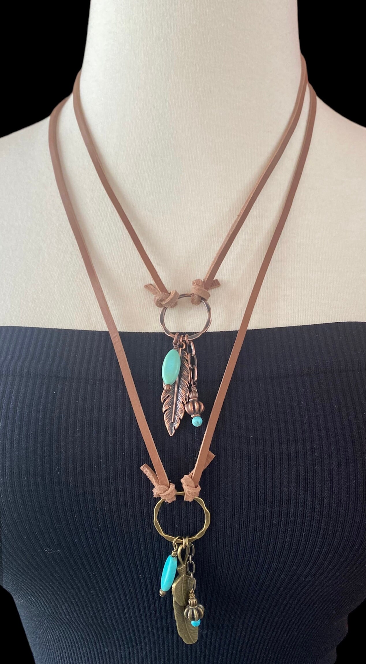 Unisex Antique Brass or Copper Feather Pendant Leather Cord