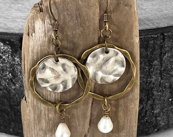 Mixed Metal Antique Silver and Brass Dangling Pearl Earrings