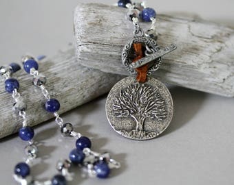 Denim Blue Sodalite Tree of Life Necklace, Front Closure, Inspirational Jewelry, Boho Style Necklace, Front Closure Necklace