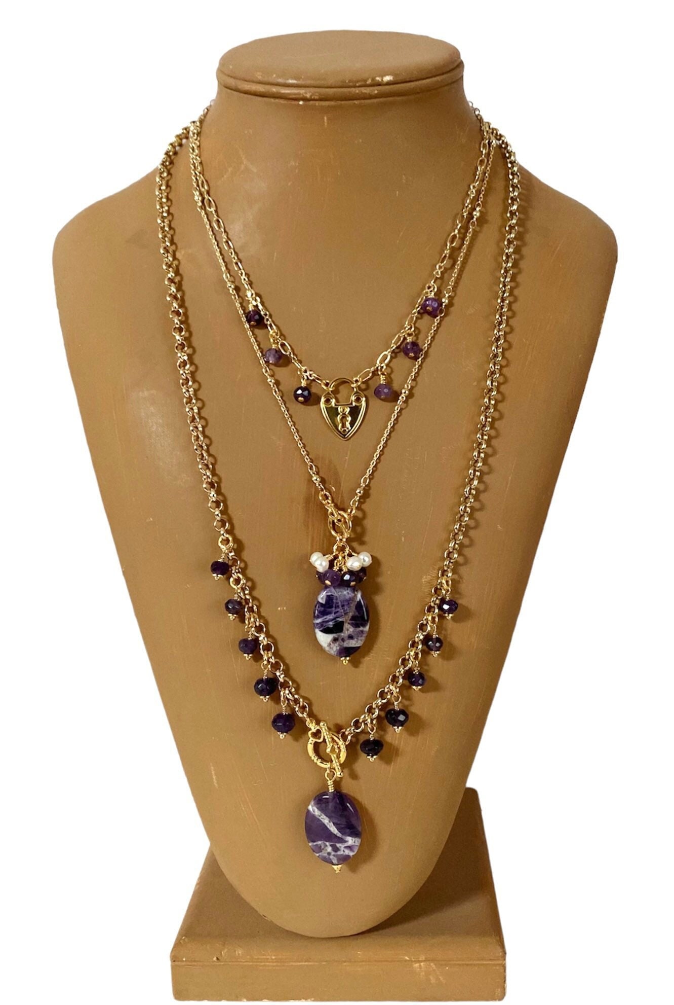 Three Stranded Cape Amethyst Layered Pendant Necklaces