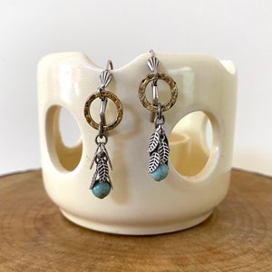 Mixed Metal Dangling Leaf Turquoise Earrings