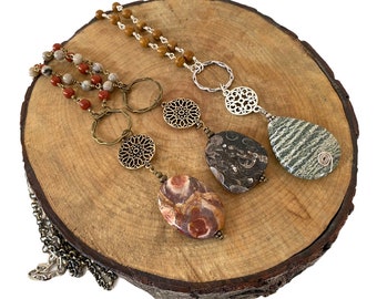 Long Antiqued Brass or Silver Gemstone Necklaces In Three Colors, Bohemian Jewelry